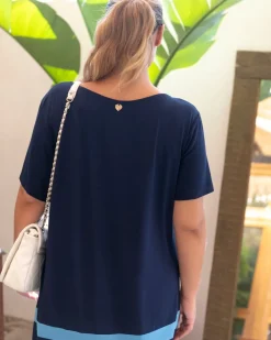 Abito a maniche corte in viscosa con bande sul fondo BLU