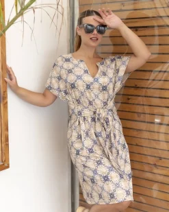 Abito manica kimono con cintura fissa fantasia BEIGE