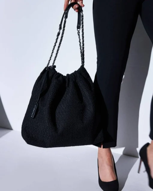 Borsa a sacchetto in tweed con doppio manico a catena NERO
