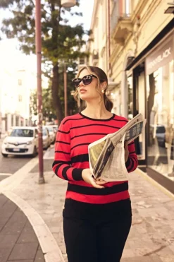 Maglia a girocollo a righe micro e macro NERO