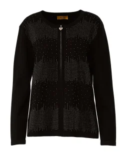 Maglia a girocollo con zip e strass frontali NERO