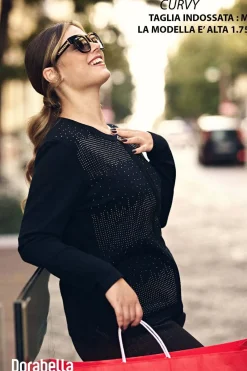 Maglia a girocollo con zip e strass frontali NERO