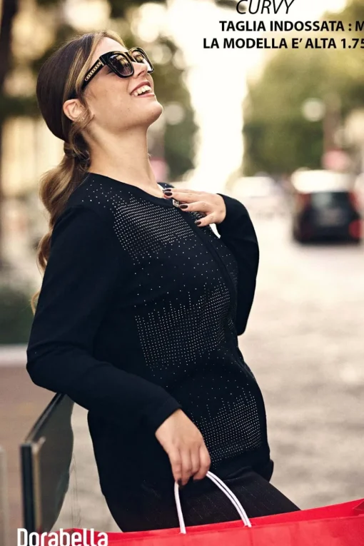 Maglia a girocollo con zip e strass frontali NERO