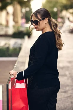 Maglia a girocollo con zip e strass frontali NERO