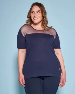 Maglia a maniche corte in filato di misto viscosa con carré in tulle B