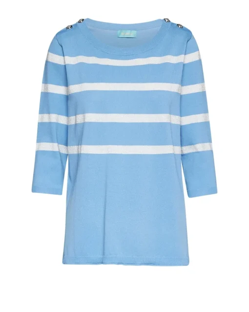 Maglia a righe in misto lurex con bottoni CELESTE