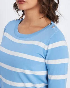 Maglia a righe in misto lurex con bottoni CELESTE