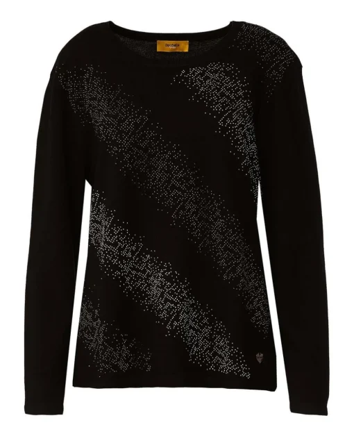 Maglia girocollo con applicazioni strass frontali NERO