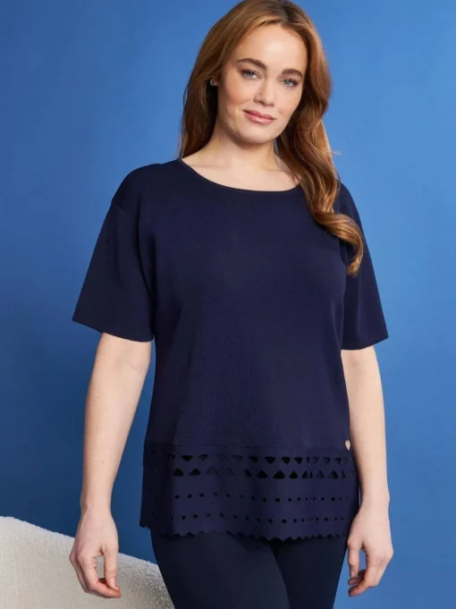 Maglia girocollo in filato di misto viscosa con intagli sul fondo BLU