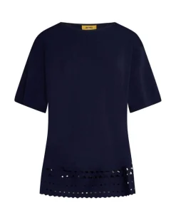 Maglia girocollo in filato di misto viscosa con intagli sul fondo BLU