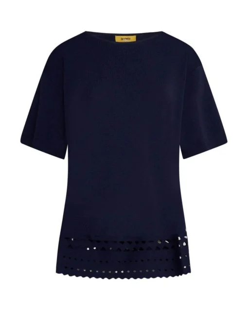 Maglia girocollo in filato di misto viscosa con intagli sul fondo BLU