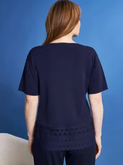 Maglia girocollo in filato di misto viscosa con intagli sul fondo BLU