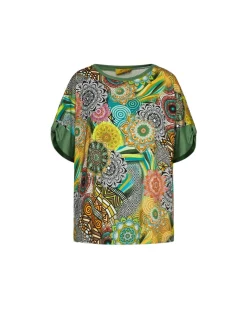 Maglia in viscosa elasticizzata con fantasia multicolore e bordi tinta