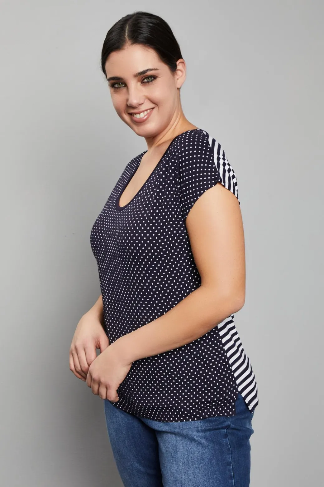 Maglia in viscosa fantasia pois/righe BLU-NAVY