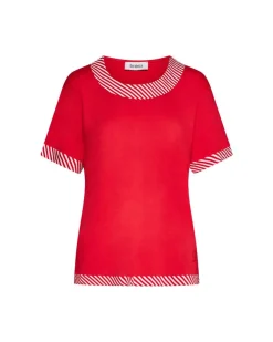 Maglia in viscosa in tinta unita con profili a righe ROSSO