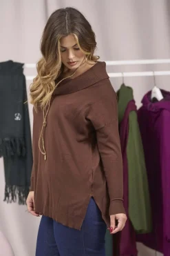 Maglia maxi con collo sciallato e spacchi CACAO