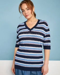 Maglia scollo a V in filato di misto viscosa traforata con motivo chev