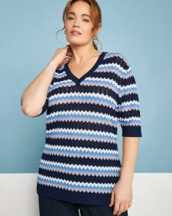 Maglia scollo a V in filato di misto viscosa traforata con motivo chev