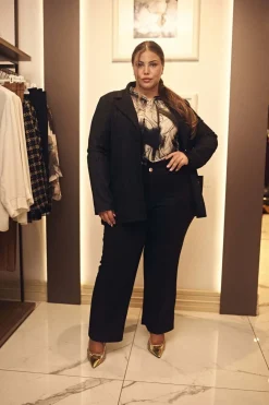 Pantalone a gamba dritta in essuto gessato lurex NERO-ORO