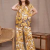 Pantalone a gamba larga in viscosa lucida con fantasia floreale OCRA