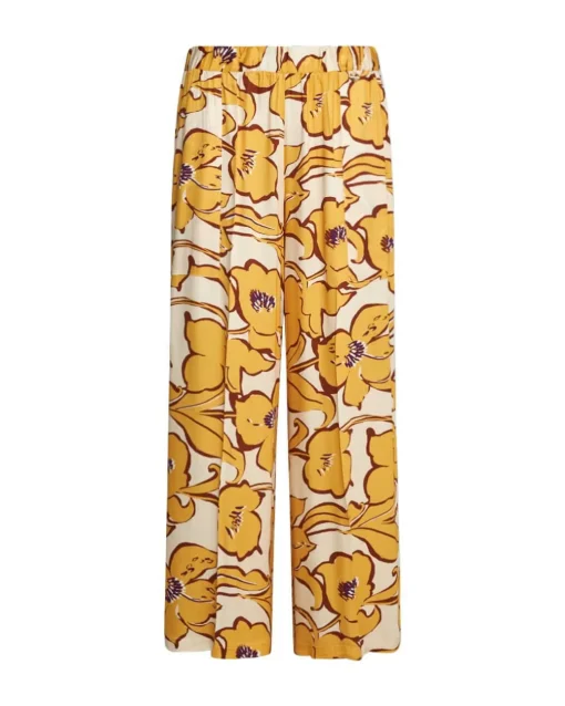 Pantalone a gamba larga in viscosa lucida con fantasia floreale OCRA