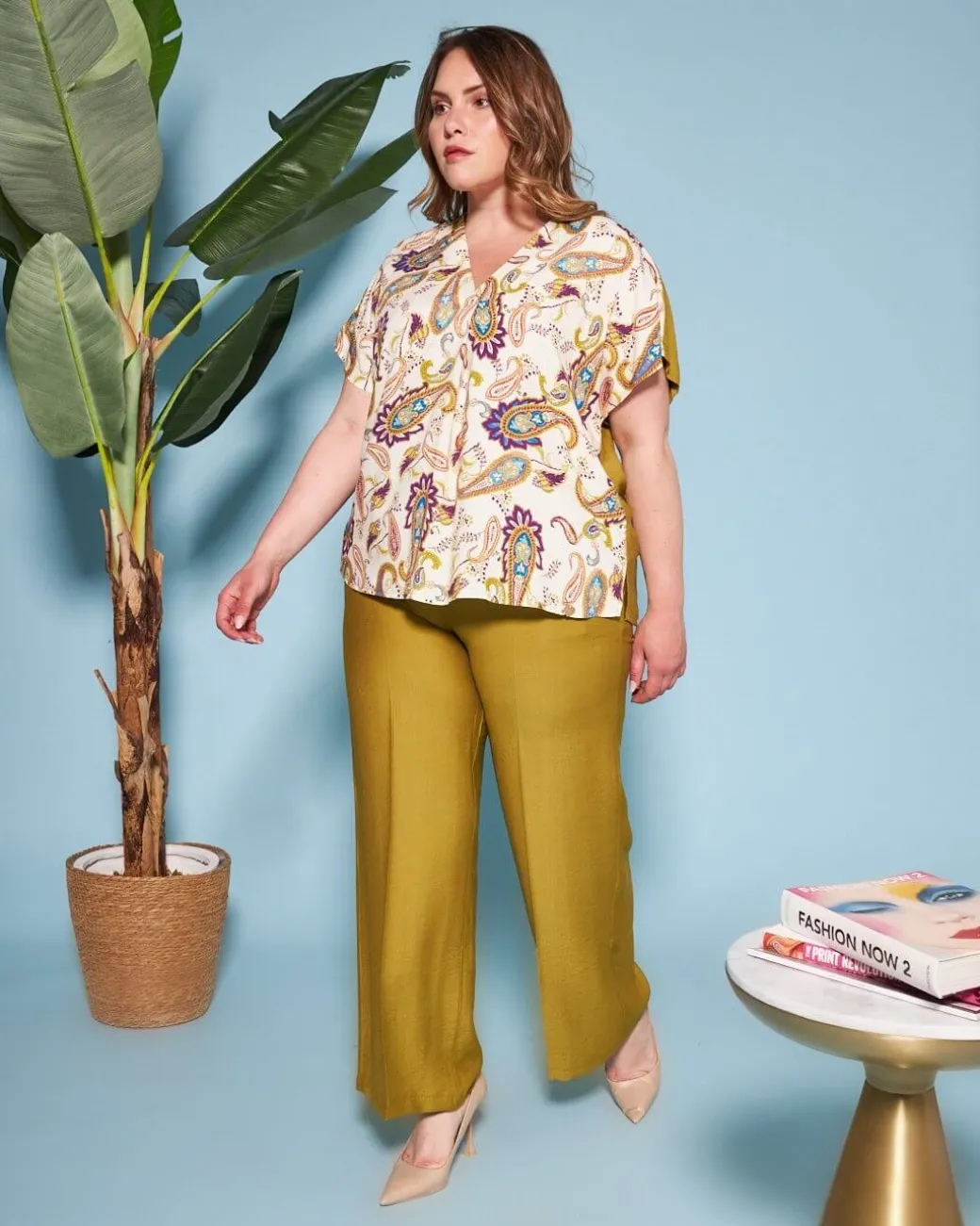 Pantalone in viscosa in tinta unita con bustino elastico PISTACCHIO