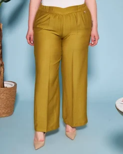 Pantalone in viscosa in tinta unita con bustino elastico PISTACCHIO