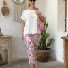 Pinocchietto in cotone elasticizzato con fantasia patchwork BIANCO-ROS