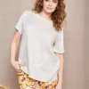 T-shirt combinata in lino e jersey melange con scollo a barca e tasca