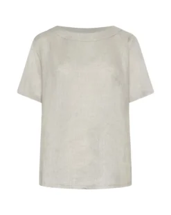 T-shirt combinata in lino e jersey melange con scollo a barca e tasca