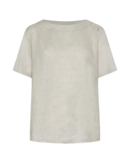 T-shirt combinata in lino e jersey melange con scollo a barca e tasca