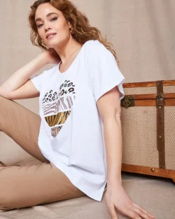 T-shirt in jersey di cotone elasticizzato con stampa cuore mix BIANCO