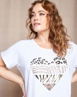 T-shirt in jersey di cotone elasticizzato con stampa cuore mix BIANCO
