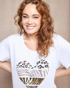 T-shirt in jersey di cotone elasticizzato con stampa cuore mix BIANCO