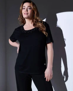T-shirt in jersey di viscosa elasticizzata con applicazioni di strass