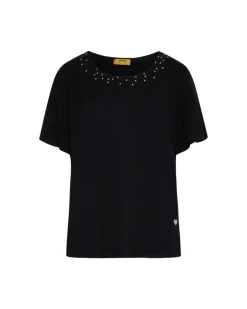 T-shirt in jersey di viscosa elasticizzata con applicazioni di strass
