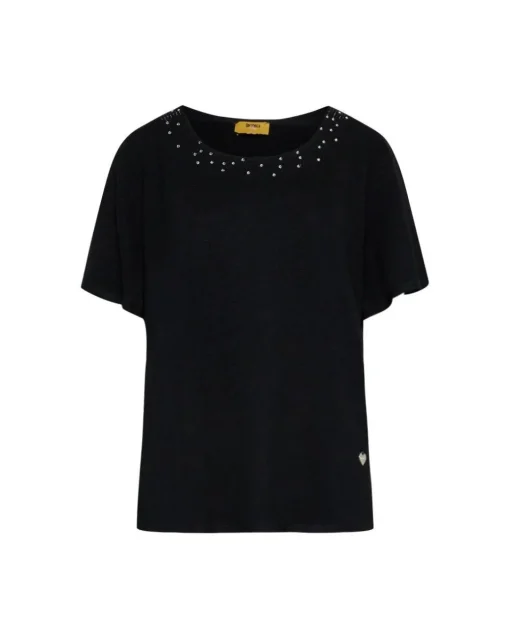 T-shirt in jersey di viscosa elasticizzata con applicazioni di strass
