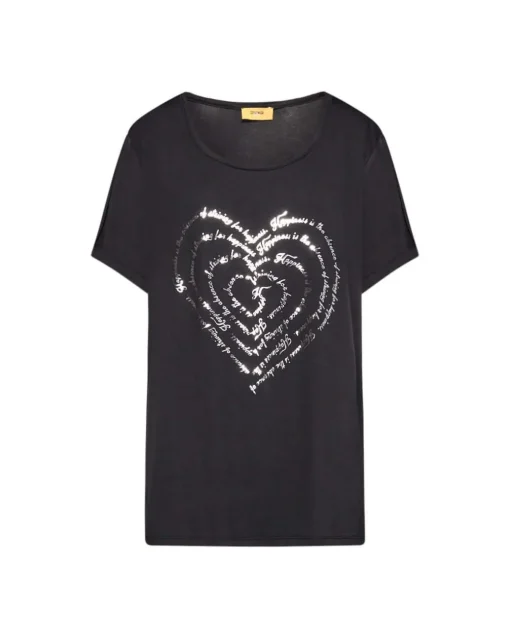 T-shirt in jersey di viscosa elasticizzata con stampa cuore NERO