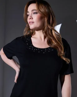 T-shirt in jersey di viscosa elasticizzata con applicazioni di strass