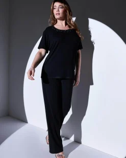 T-shirt in jersey di viscosa elasticizzata con applicazioni di strass