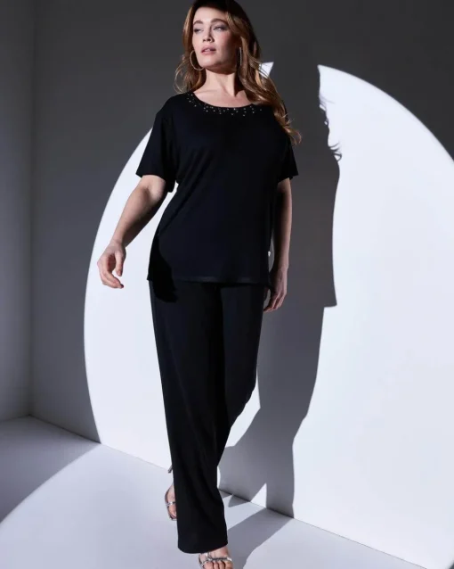 T-shirt in jersey di viscosa elasticizzata con applicazioni di strass