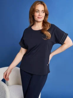 T-shirt kimono in jersey di cotone elasticizzato con micro catene BLU