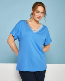 T-shirt kimono in jersey di viscosa elasticizzata con scollo a V con p
